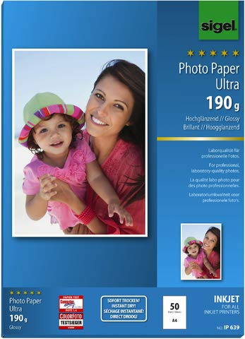 SIGEL Inkjetpapier Photo Paper Ultra, A4, 190 g/m², weiß, hochglänzend (50 Blatt), Sie erhalten 1 Packung á 50 Blatt von Sigel