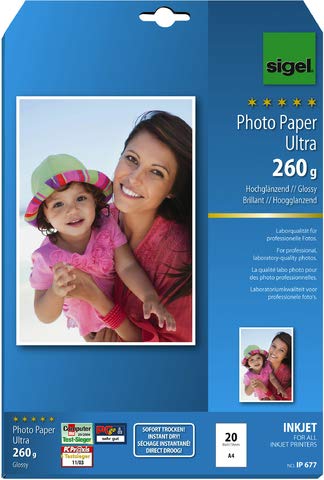 SIGEL Inkjetpapier Photo Paper Ultra, A4, 260 g/m², weiß, hochglänzend (20 Blatt), Sie erhalten 1 Packung á 20 Blatt von Sigel