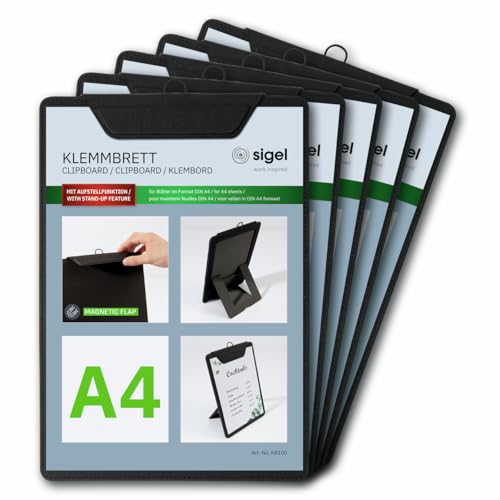 SIGEL KB100/5 Klemmbretter A4, schwarz, mit Aufstellfunktion, 5er Pack, stabile, stylische Clipboards mit edler Leinenstruktur, strapazierfähig und leicht abwischbar SIGEL KB100/5 Klemmbretter A4, schwarz, mit Aufstellfunktion, 5er Pack, stabile, stylische Clipboards mit edler Leinenstruktur, strapazierfähig und leicht abwischbar von Sigel