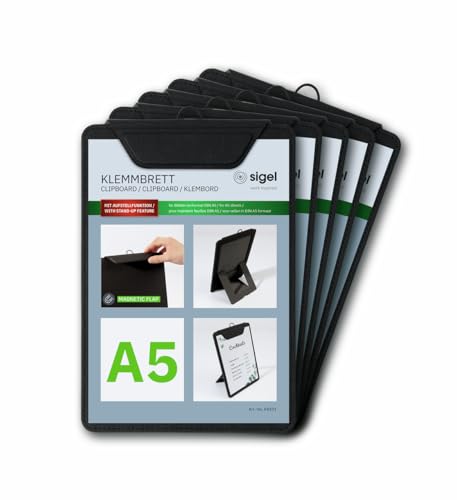 SIGEL KB101/5 Klemmbretter A5, schwarz, mit Aufstellfunktion, 5er Pack, stabile, stylische Clipboards mit edler Leinenstruktur, strapazierfähig und leicht abwischbar von Sigel