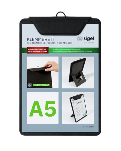 SIGEL KB101 Klemmbrett A5, schwarz, mit Aufstellfunktion, stabiles, stylisches Clipboard mit edler Leinenstruktur, strapazierfähig und leicht abwischbar von Sigel