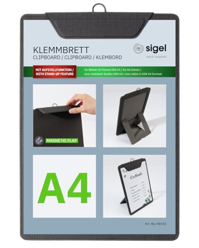 SIGEL KB110 Klemmbrett A4, anthrazit, mit Aufstellfunktion, stabiles, stylisches Clipboard mit edler Leinenstruktur, strapazierfähig und leicht abwischbar von Sigel