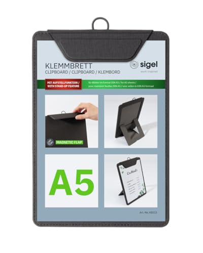 SIGEL KB111 Klemmbrett A5, anthrazit, mit Aufstellfunktion, stabiles, stylisches Clipboard mit edler Leinenstruktur, strapazierfähig und leicht abwischbar von Sigel