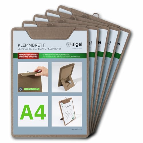 SIGEL KB120/5 Klemmbretter A4, beige, mit Aufstellfunktion, 5er Pack, stabile, stylische Clipboards mit edler Leinenstruktur, strapazierfähig und leicht abwischbar von Sigel
