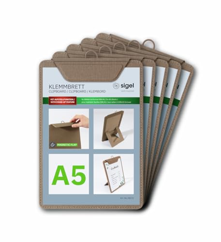 SIGEL KB121/5 Klemmbretter A5, beige, mit Aufstellfunktion, 5er Pack, stabile, stylische Clipboards mit edler Leinenstruktur, strapazierfähig und leicht abwischbar von Sigel