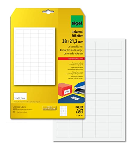 SIGEL LA101 Mini-Etiketten selbstklebend, bedruckbar, weiß, z.B. Preisauszeichnung, 38 x 21,2 mm, 1625 Etiketten= 25 Blatt SIGEL LA101 Mini-Etiketten selbstklebend, bedruckbar, weiß, z.B. Preisauszeichnung, 38 x 21,2 mm, 1625 Etiketten= 25 Blatt von Sigel
