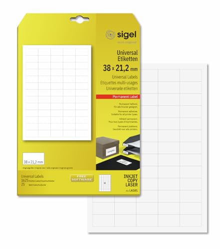 SIGEL LA101 Mini-Etiketten selbstklebend, bedruckbar, weiß, z.B. Preisauszeichnung, 38 x 21,2 mm, 1625 Etiketten= 25 Blatt von Sigel