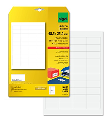 SIGEL LA106 Mini-Etiketten selbstklebend, bedruckbar, weiß, 48,5 x 25,4 mm, z.B. Preisauszeichnung, 1000 Etiketten = 25 Blatt SIGEL LA106 Mini-Etiketten selbstklebend, bedruckbar, weiß, 48,5 x 25,4 mm, z.B. Preisauszeichnung, 1000 Etiketten = 25 Blatt von Sigel