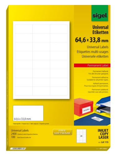 SIGEL LA115 Universal-Etiketten weiß, 64,6 x 33,8 mm, 2400 Etiketten = 100 Blatt SIGEL LA115 Universal-Etiketten weiß, 64,6 x 33,8 mm, 2400 Etiketten = 100 Blatt von Sigel