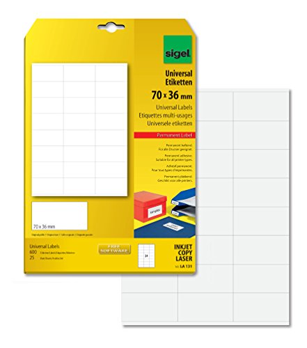SIGEL LA131 Universal-Etiketten selbstklebend, bedruckbar, weiß, 70 x 36 mm, 600 Etiketten = 25 Blatt SIGEL LA131 Universal-Etiketten selbstklebend, bedruckbar, weiß, 70 x 36 mm, 600 Etiketten = 25 Blatt von Sigel