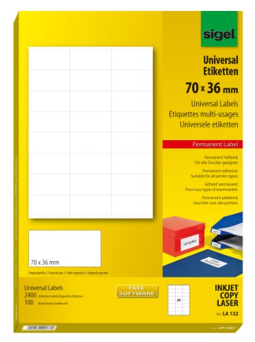 SIGEL LA132 Universal-Etiketten selbstklebend, bedruckbar, weiß, 70 x 36 mm, 2400 Etiketten = 100 Blatt SIGEL LA132 Universal-Etiketten selbstklebend, bedruckbar, weiß, 70 x 36 mm, 2400 Etiketten = 100 Blatt von Sigel