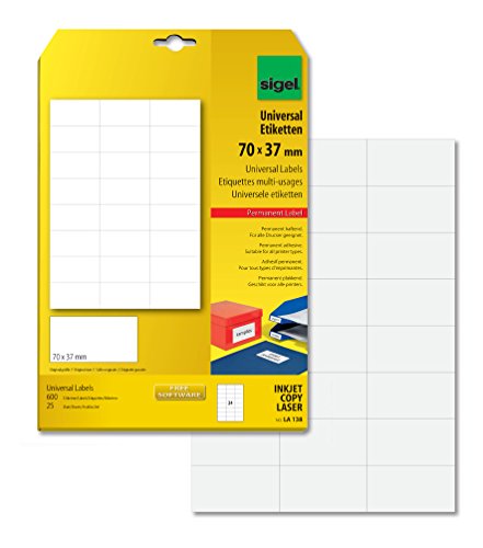 SIGEL LA138 Universal-Etiketten selbstklebend, bedruckbar, weiß, 70 x 37 mm, 600 Etiketten = 25 Blatt SIGEL LA138 Universal-Etiketten selbstklebend, bedruckbar, weiß, 70 x 37 mm, 600 Etiketten = 25 Blatt von Sigel