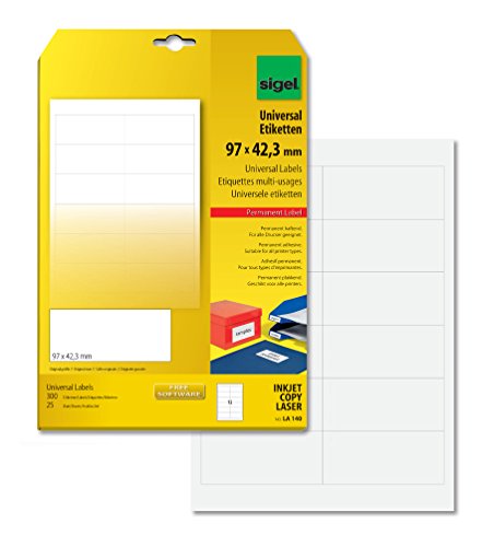 SIGEL LA140 Universal-Etiketten selbstklebend, bedruckbar, weiß, 97 x 42,3 mm, 300 Etiketten = 25 Blatt von Sigel