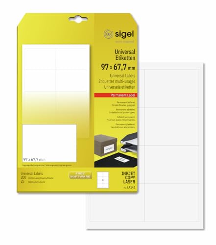 SIGEL LA142 Universal-Etiketten selbstklebend, bedruckbar, weiß, 97 x 67,7 mm, 200 Etiketten = 25 Blatt SIGEL LA142 Universal-Etiketten selbstklebend, bedruckbar, weiß, 97 x 67,7 mm, 200 Etiketten = 25 Blatt von Sigel
