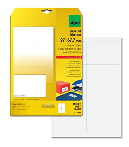 SIGEL LA142 Universal-Etiketten selbstklebend, bedruckbar, weiß, 97 x 67,7 mm, 200 Etiketten = 25 Blatt von Sigel