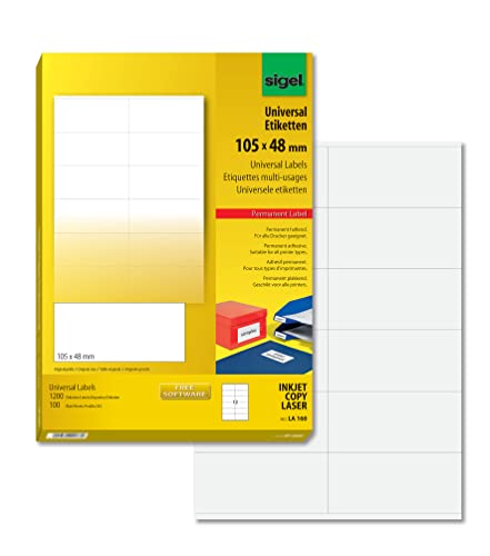 SIGEL LA160 Universal-Etiketten selbstklebend, bedruckbar, weiß, 105 x 48 mm, 1200 Etiketten = 100 Blatt von Sigel