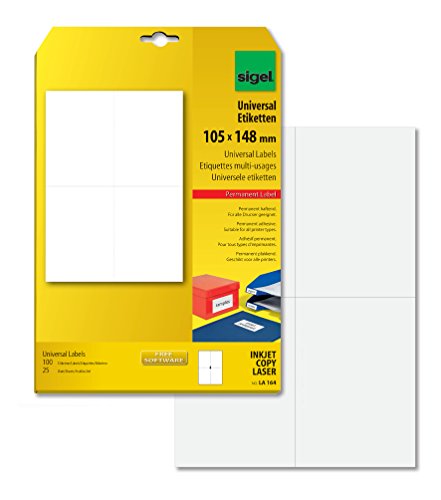 SIGEL LA164 Universal-Etiketten selbstklebend, bedruckbar, weiß, 105 x 148 mm (A6), 100 Etiketten = 25 Blatt von Sigel