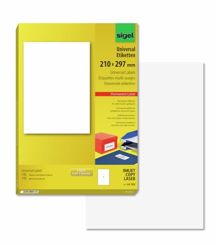 SIGEL LA182 Universal-Etiketten selbstklebend, bedruckbar, weiß, 210 x 297 mm (A4), 100 Etiketten = 100 Blatt von Sigel