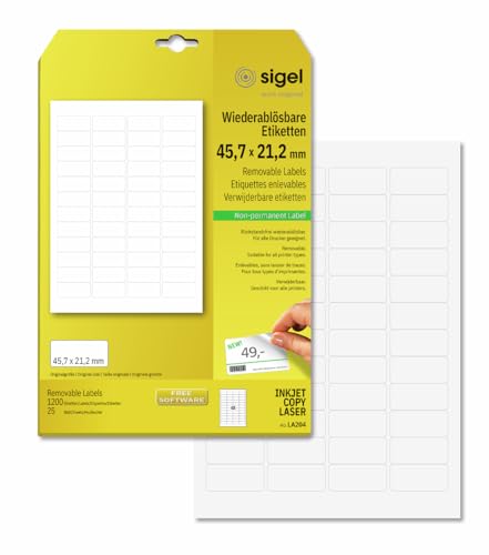 SIGEL LA204 Etiketten selbstklebend, bedruckbar, wieder rückstandsfrei ablösbar, weiß, 45,7 x 21,2 mm, 1200 Etiketten = 25 Blatt, abgerundet von Sigel