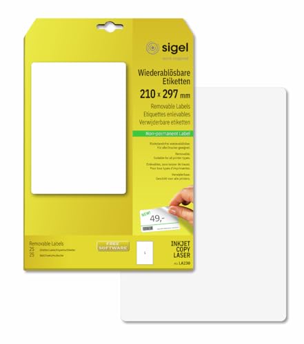 SIGEL LA230 Etiketten selbstklebend, bedruckbar, wieder rückstandsfrei ablösbar, weiß, 210 x 297 mm (A4), 25 Etiketten = 25 Blatt, abgerundet von Sigel