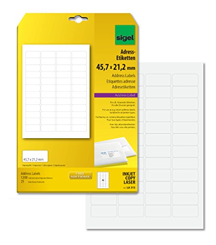 SIGEL LA315 abgerundete Adress-Etiketten selbstklebend, bedruckbar, weiß, 45,7 x 21,2 mm, 1200 Etiketten = 25 Blatt SIGEL LA315 abgerundete Adress-Etiketten selbstklebend, bedruckbar, weiß, 45,7 x 21,2 mm, 1200 Etiketten = 25 Blatt von Sigel