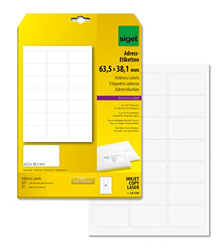 SIGEL LA320 abgerundete Adress-Etiketten selbstklebend, bedruckbar, weiß, 63,5 x 38,1 mm, 525 Etiketten = 25 Blatt SIGEL LA320 abgerundete Adress-Etiketten selbstklebend, bedruckbar, weiß, 63,5 x 38,1 mm, 525 Etiketten = 25 Blatt von Sigel