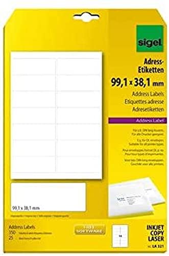 SIGEL LA321 abgerundete Adress-Etiketten selbstklebend, bedruckbar, weiß, 99,1 x 38,1 mm, 350 Etiketten = 25 Blatt von Sigel