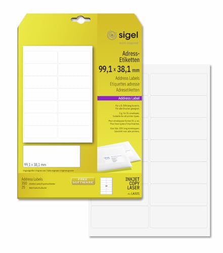 SIGEL LA321 abgerundete Adress-Etiketten selbstklebend, bedruckbar, weiß, 99,1 x 38,1 mm, 350 Etiketten = 25 Blatt von Sigel