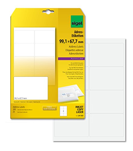 SIGEL LA322 abgerundete Adress-Etiketten selbstklebend, bedruckbar, weiß, 99,1 x 67,7 mm, 200 Etiketten = 25 Blatt SIGEL LA322 abgerundete Adress-Etiketten selbstklebend, bedruckbar, weiß, 99,1 x 67,7 mm, 200 Etiketten = 25 Blatt von Sigel