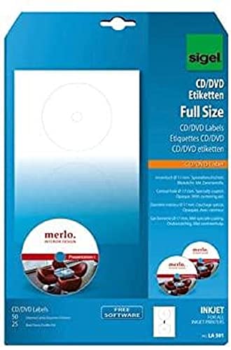 SIGEL LA501 CD-/DVD-Etiketten selbstklebend, bedruckbar, weiß, 50 Etiketten = 25 Blatt, spezialbeschichtet, mit Zentrierhilfe, FullSize 17 mm Innenloch, für InkJet von Sigel