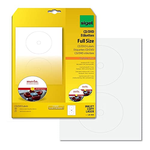 SIGEL LA505 CD-/DVD-Etiketten selbstklebend, bedruckbar, weiß, blickdicht, 50 Etiketten = 25 Blatt, mit Zentrierhilfe, FullSize 17 mm Innenloch von Sigel