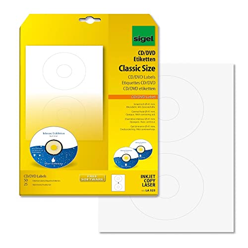 SIGEL LA525 CD-/DVD-Etiketten selbstklebend, bedruckbar, weiß, blickdicht, 50 Etiketten = 25 Blatt, mit Zentrierhilfe, ClassicSize 41 mm Innenloch von Sigel