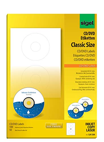 SIGEL LA526 CD-/DVD-Etiketten selbstklebend, bedruckbar, weiß, blickdicht, 100 Etiketten = 50 Blatt, mit Zentrierhilfe, ClassicSize 41 mm Innenloch von Sigel