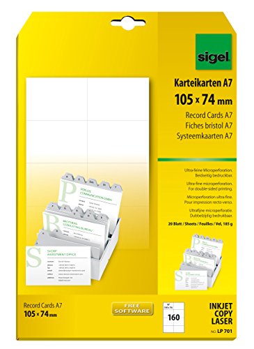 SIGEL LP701 Karteikarten, beidseitig bedruckbar, weiß, 185 g, A7, 160 Stück SIGEL LP701 Karteikarten, beidseitig bedruckbar, weiß, 185 g, A7, 160 Stück von Sigel