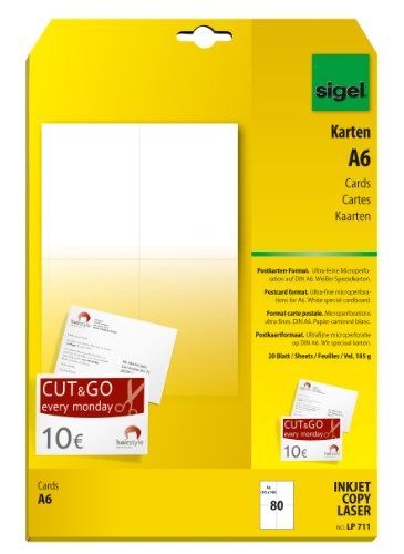 SIGEL LP711 Blanko Karten / Postkarten weiß, A6, beidseitig bedruckbar, 185 g, 80 Stück von Sigel