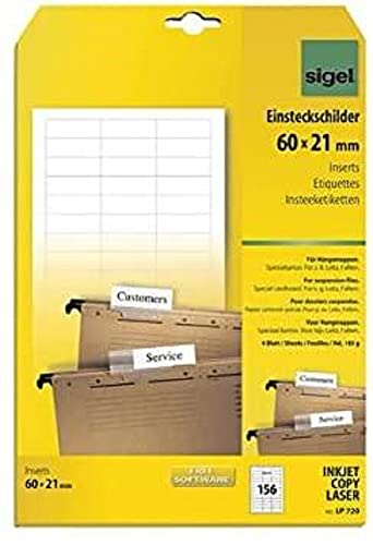 SIGEL LP720 Blankoschilder für Hängeregistratur weiß (A4, 156 Stück, 60x21 mm) für Leitz/Falken von Sigel