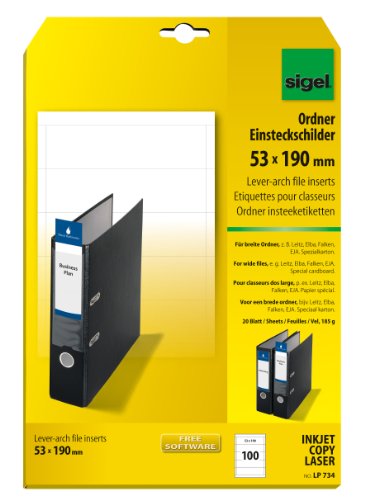 SIGEL LP734 Ordner-Einsteck-Schilder breit (A4, 100 Stück, 53x190 mm) 20 Blatt weiß von Sigel