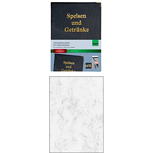 SIGEL SM100 Speisekarten-Mappe für A4, mit Gummi-Bindung, schwarz + SIGEL DP371 Hochwertiges Marmor-Papier grau, A4, 100 Blatt, Motiv beidseitig, 90 g, Briefpapier, Speisekarte von Sigel