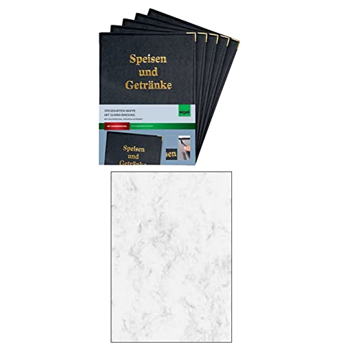 SIGEL SM100 Speisekarten-Mappen für A4, mit Gummi-Bindung, schwarz, 5er Pack + SIGEL DP371 Hochwertiges Marmor-Papier grau, A4, 100 Blatt, Motiv beidseitig, 90 g, Briefpapier, Speisekarte von Sigel