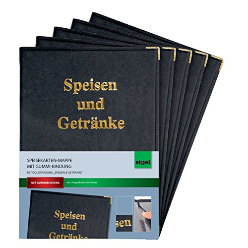 SIGEL SM100/5 Speisekarten-Mappen für A4, Menükarte, 5er Pack, mit Gummi-Bindung, schwarz mit Goldprägung, strapazierfähig und leicht abwischbar von Sigel