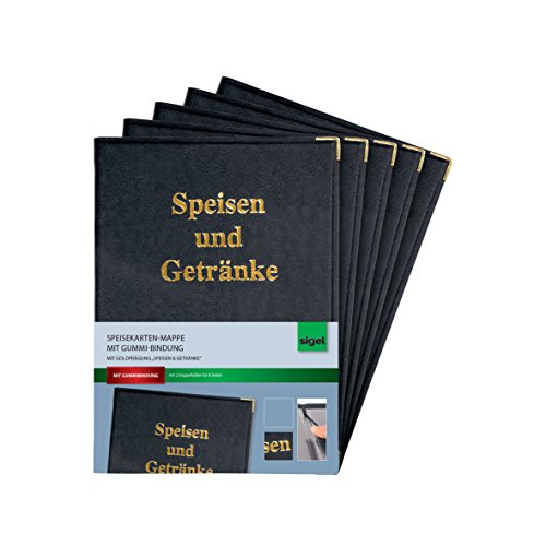 SIGEL SM101/5 Speisekarten-Mappen für A5, Menükarte, 5er Pack mit Gummi-Bindung, schwarz mit Goldprägung, strapazierfähig und leicht abwischbar von Sigel