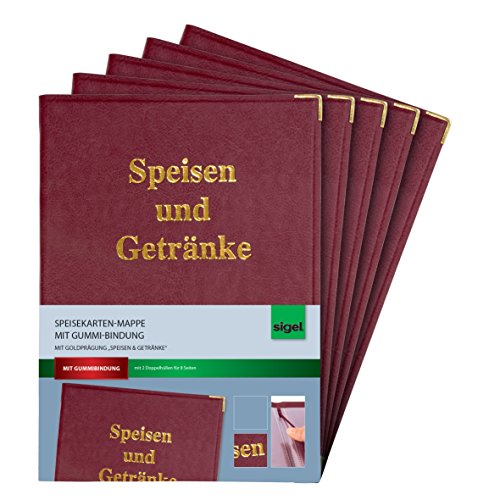 SIGEL SM102/5 Speisekarten-Mappen für A4, Menükarte, 5er Pack, mit Gummi-Bindung, bordeauxrot mit Goldprägung, strapazierfähig und leicht abwischbar von Sigel