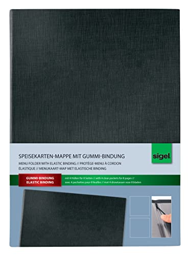 SIGEL SM110 Speisekarten-Mappe / Präsentations-Mappe / Menükarte mit Gummi-Bindung für A4, schwarz mit edler Leinenstruktur, strapazierfähig und leicht abwischbar von Sigel