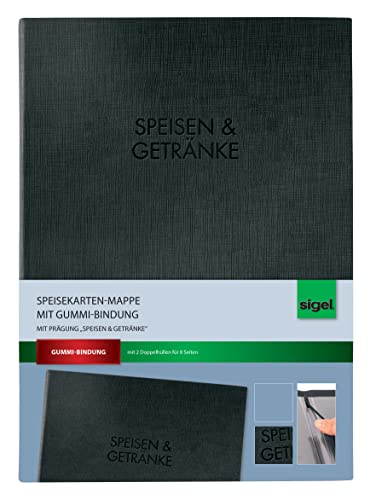 SIGEL SM111 Speisekarten-Mappe mit Gummi-Bindung für A4, schwarz mit eleganter Leinenstruktur und edler Blindprägung "Speisen und Getränke", strapazierfähig und leicht abwischbar von Sigel