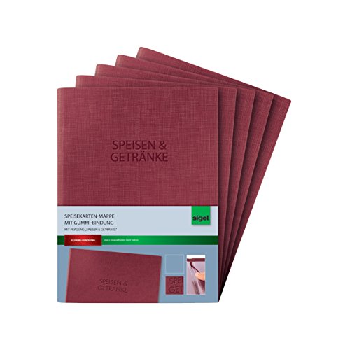 SIGEL SM113 Speisekarten-Mappen mit Gummi-Bindung für A5, 5er Pack, bordeauxrot mit edler Leinenstruktur, strapazierfähig und leicht abwischbar von Sigel