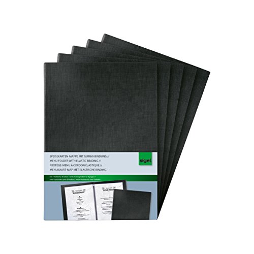 SIGEL SM115/5 Speisekarten-Mappen / Präsentationsmappen mit Gummi-Bindung für A5, 5-er Pack, schwarz mit edler Leinenstruktur, strapazierfähig und leicht abwischbar von Sigel