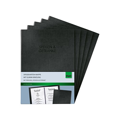 SIGEL SM116/5 Speisekarten-Mappen mit Gummi-Bindung für A5, 5-er Pack, schwarz mit edler Leinenstruktur, strapazierfähig und leicht abwischbar SIGEL SM116/5 Speisekarten-Mappen mit Gummi-Bindung für A5, 5-er Pack, schwarz mit edler Leinenstruktur, strapazierfähig und leicht abwischbar von Sigel