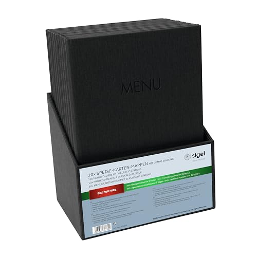 SIGEL SM200 Speisekarten-Mappen A4 - Set: 10 Stück mit gratis Aufbewahrungsbox - Gummi-Bindung, schwarz mit Leinenstruktur, strapazierfähig und leicht abwischbar SIGEL SM200 Speisekarten-Mappen A4 - Set: 10 Stück mit gratis Aufbewahrungsbox - Gummi-Bindung, schwarz mit Leinenstruktur, strapazierfähig und leicht abwischbar von Sigel