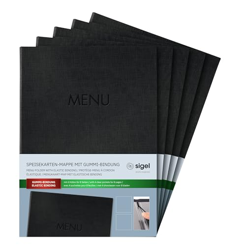SIGEL SM202/5 Speisekarten-Mappe A4, Gummi-Bindung, schwarz mit Leinenstruktur, 5er Pack, strapazierfähig und leicht abwischbar SIGEL SM202/5 Speisekarten-Mappe A4, Gummi-Bindung, schwarz mit Leinenstruktur, 5er Pack, strapazierfähig und leicht abwischbar von Sigel