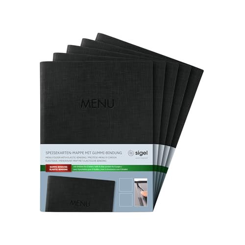 SIGEL SM203/5 Speisekarten-Mappe A5, Gummi-Bindung, schwarz mit Leinenstruktur, 5er Pack, strapazierfähig und leicht abwischbar SIGEL SM203/5 Speisekarten-Mappe A5, Gummi-Bindung, schwarz mit Leinenstruktur, 5er Pack, strapazierfähig und leicht abwischbar von Sigel